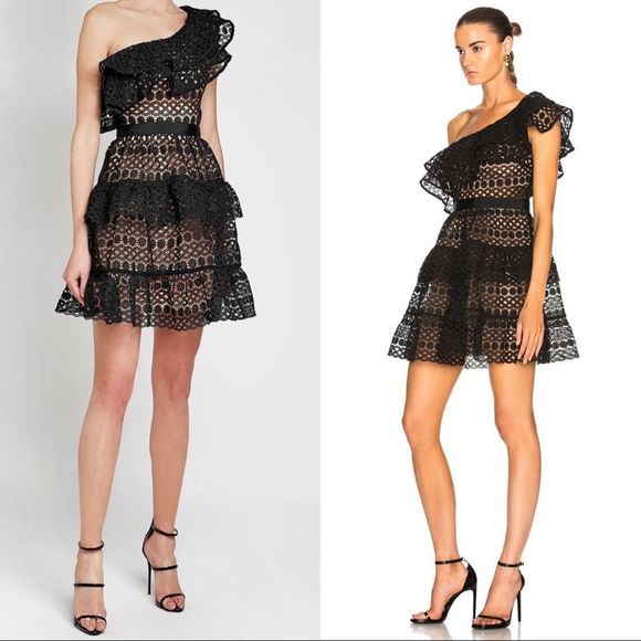 Self-Portrait Black and Tan Asymmetrical Ruffled Mini Dress - Picture 3 of 8